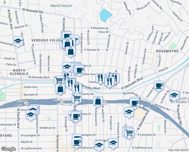map of restaurants, bars, coffee shops, grocery stores, and more near 403 Cameron Place in Glendale