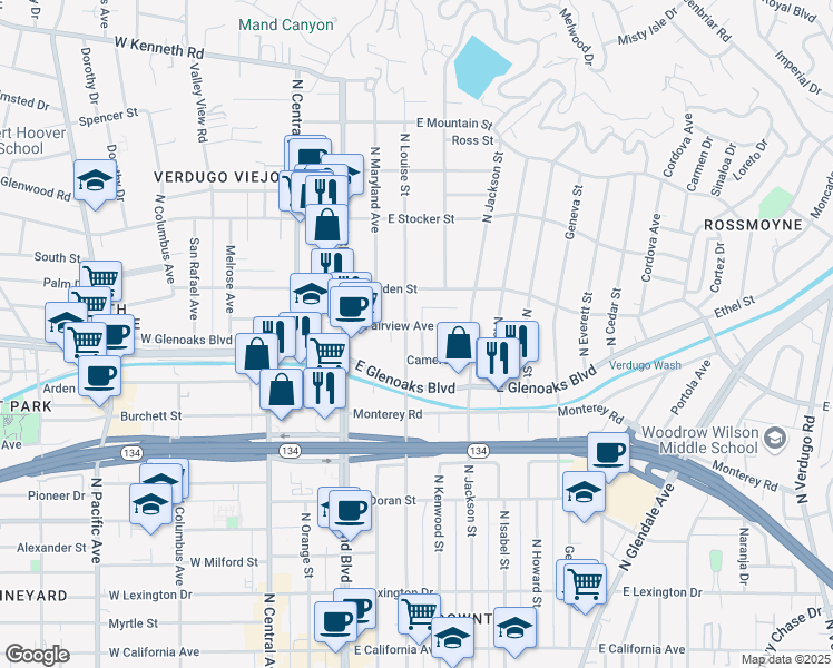 map of restaurants, bars, coffee shops, grocery stores, and more near 930 North Louise Street in Glendale