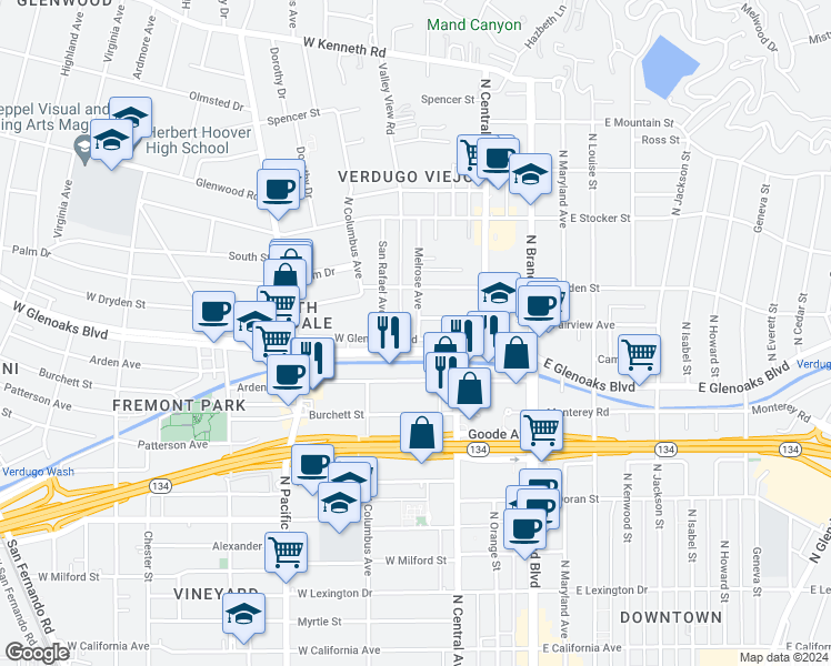 map of restaurants, bars, coffee shops, grocery stores, and more near 300 West Glenoaks Boulevard in Glendale