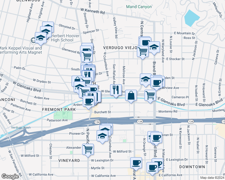 map of restaurants, bars, coffee shops, grocery stores, and more near 400 West Glenoaks Boulevard in Glendale