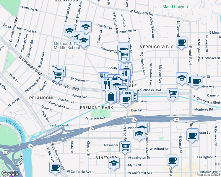 map of restaurants, bars, coffee shops, grocery stores, and more near 540 West Glenoaks Boulevard in Glendale