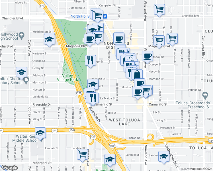 map of restaurants, bars, coffee shops, grocery stores, and more near in Los Angeles
