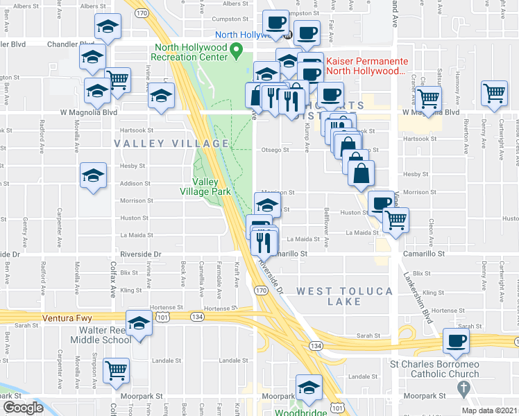 map of restaurants, bars, coffee shops, grocery stores, and more near 4868 Tujunga Avenue in Los Angeles