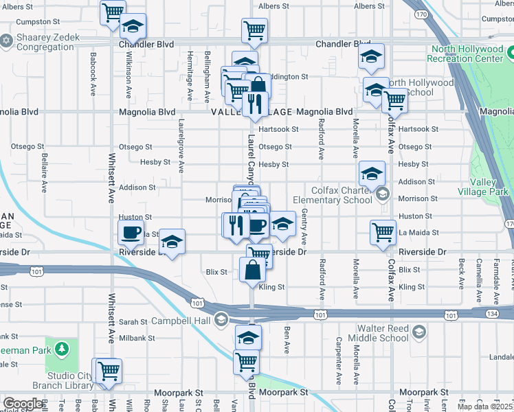map of restaurants, bars, coffee shops, grocery stores, and more near 4904 Laurel Canyon Boulevard in Los Angeles