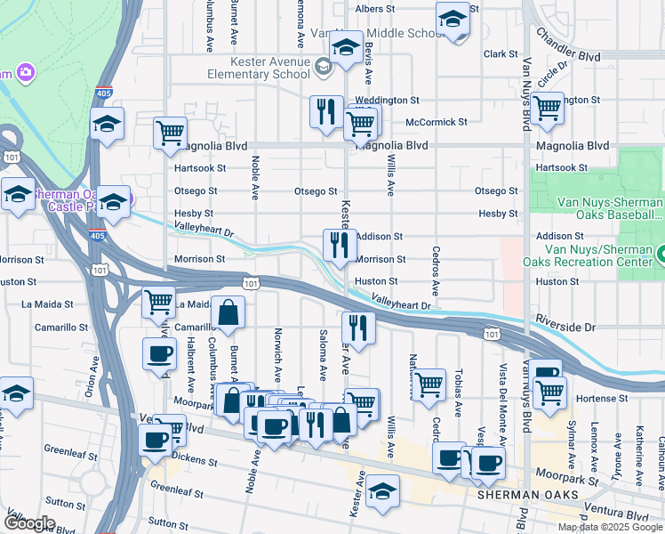 map of restaurants, bars, coffee shops, grocery stores, and more near 14911 Valleyheart Drive in Los Angeles