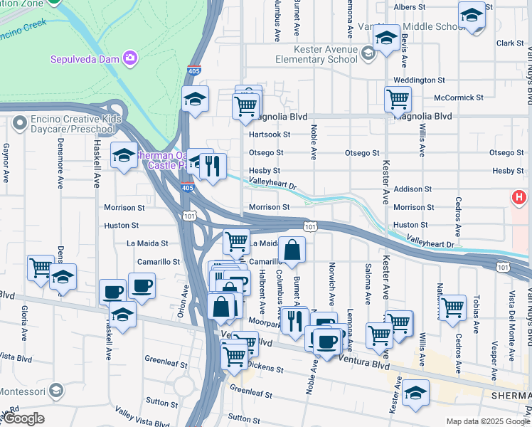 map of restaurants, bars, coffee shops, grocery stores, and more near 15200 Morrison Street in Los Angeles