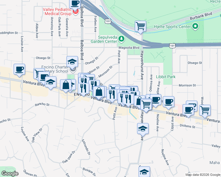map of restaurants, bars, coffee shops, grocery stores, and more near 16670 Moorpark Street in Los Angeles