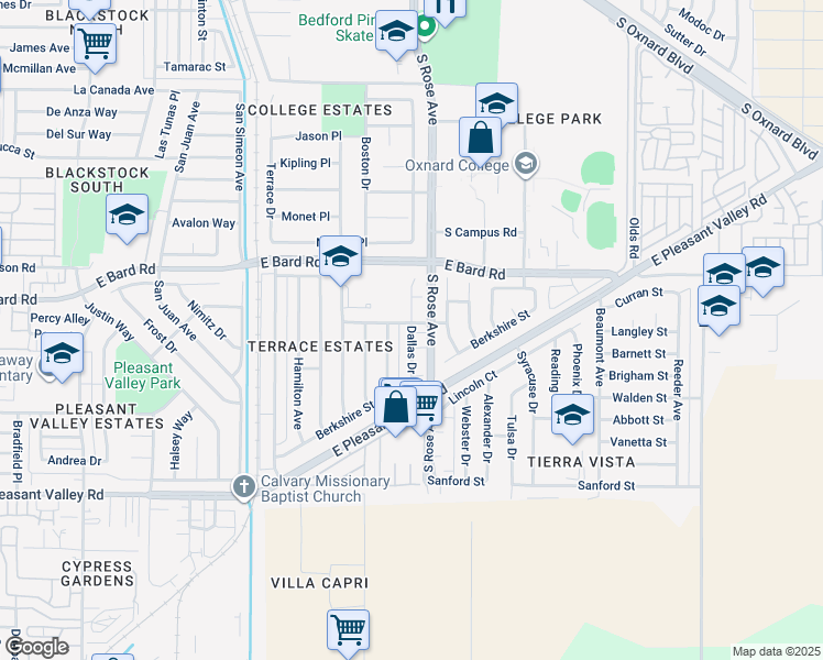 map of restaurants, bars, coffee shops, grocery stores, and more near in Oxnard