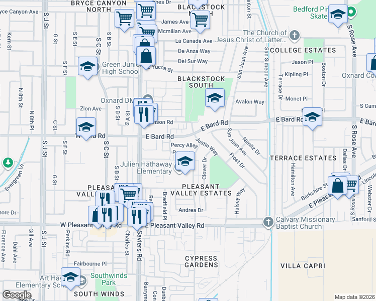 map of restaurants, bars, coffee shops, grocery stores, and more near 514 Percy Street in Oxnard