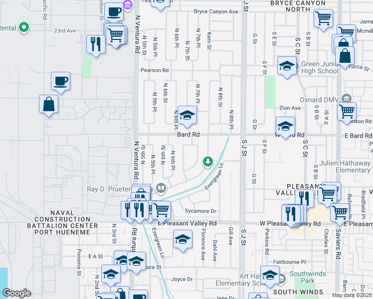 map of restaurants, bars, coffee shops, grocery stores, and more near 1203 North 7th Street in Port Hueneme