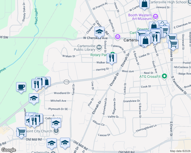 map of restaurants, bars, coffee shops, grocery stores, and more near 635 West Avenue in Cartersville