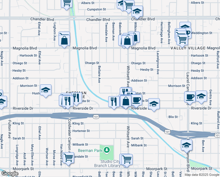 map of restaurants, bars, coffee shops, grocery stores, and more near 12614 Morrison Street in Los Angeles