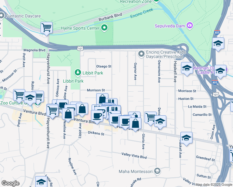 map of restaurants, bars, coffee shops, grocery stores, and more near 4932 Woodley Avenue in Los Angeles
