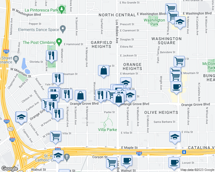 map of restaurants, bars, coffee shops, grocery stores, and more near 821 North Euclid Avenue in Pasadena