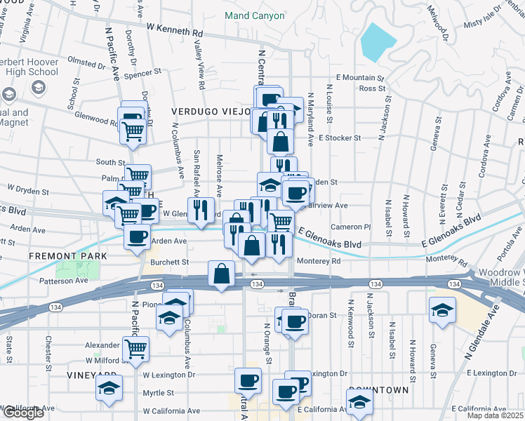 map of restaurants, bars, coffee shops, grocery stores, and more near 1010 North Central Avenue in Glendale