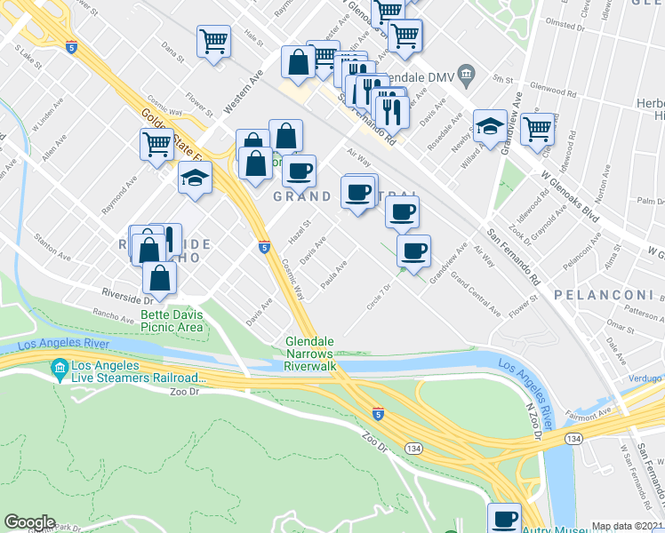 map of restaurants, bars, coffee shops, grocery stores, and more near 1305 Aristo Street in Glendale