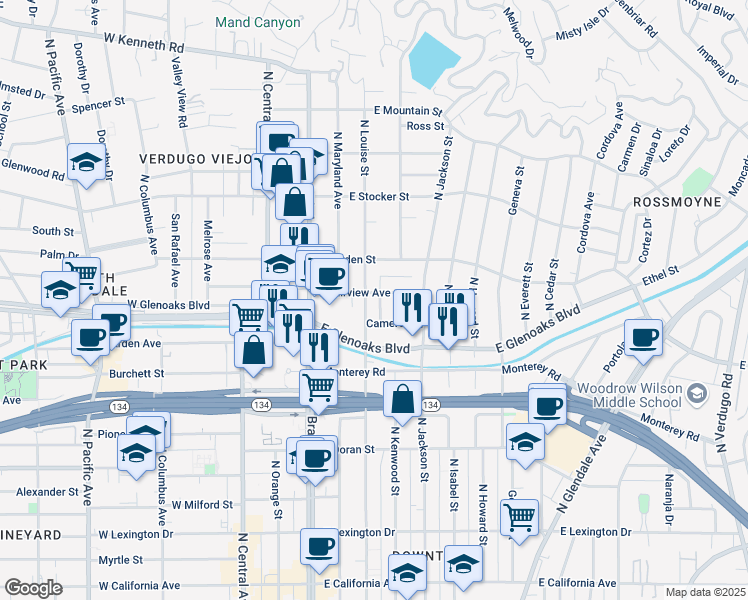 map of restaurants, bars, coffee shops, grocery stores, and more near 930 North Louise Street in Glendale