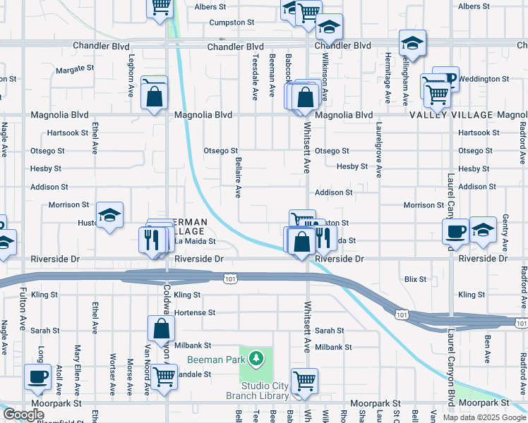 map of restaurants, bars, coffee shops, grocery stores, and more near 12614 Morrison Street in Los Angeles
