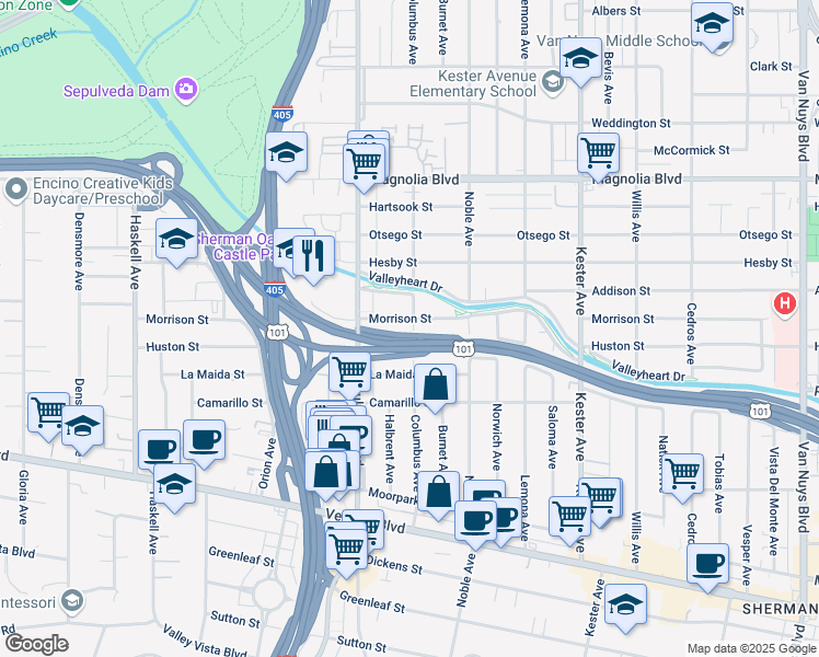 map of restaurants, bars, coffee shops, grocery stores, and more near 15200 Morrison Street in Los Angeles