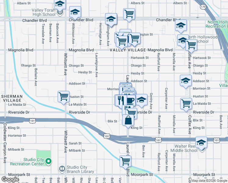 map of restaurants, bars, coffee shops, grocery stores, and more near 12154 Morrison Street in Los Angeles
