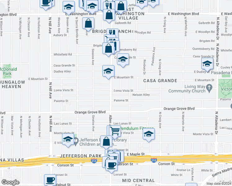 map of restaurants, bars, coffee shops, grocery stores, and more near 1840 Loma Vista Street in Pasadena