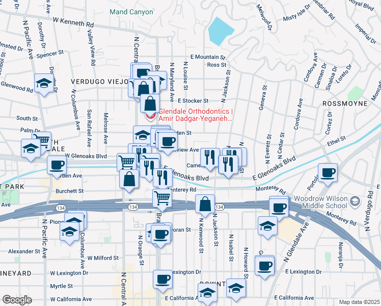 map of restaurants, bars, coffee shops, grocery stores, and more near 950 North Louise Street in Glendale