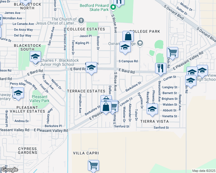 map of restaurants, bars, coffee shops, grocery stores, and more near 4401 Dallas Drive in Oxnard