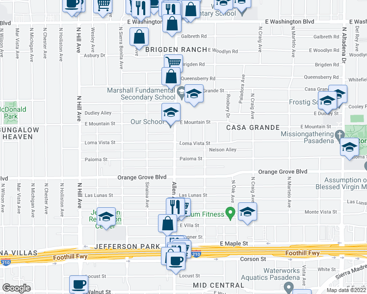 map of restaurants, bars, coffee shops, grocery stores, and more near 1840 Loma Vista Street in Pasadena