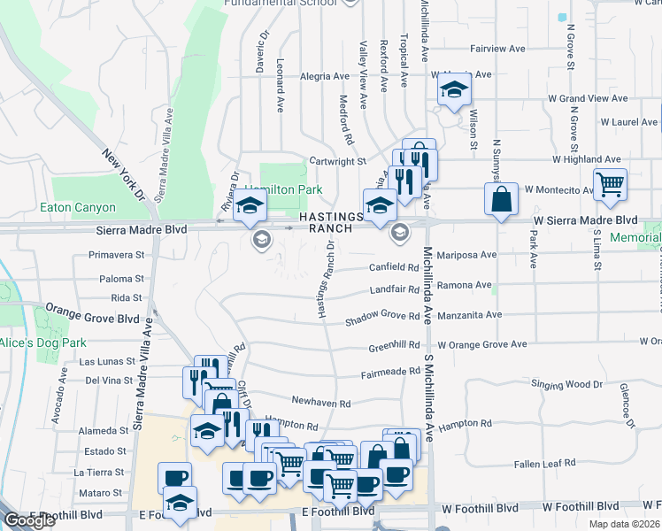 map of restaurants, bars, coffee shops, grocery stores, and more near 1320 Hastings Ranch Drive in Pasadena
