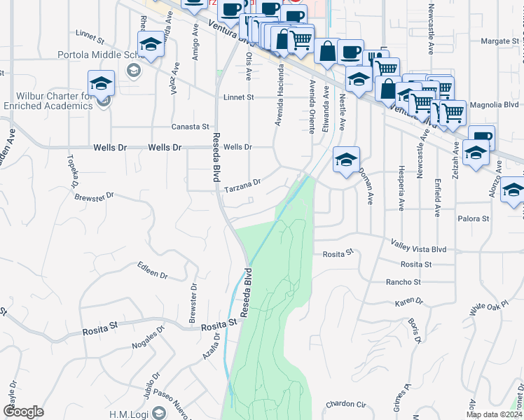 map of restaurants, bars, coffee shops, grocery stores, and more near 4951 North Avenida Oriente in Los Angeles
