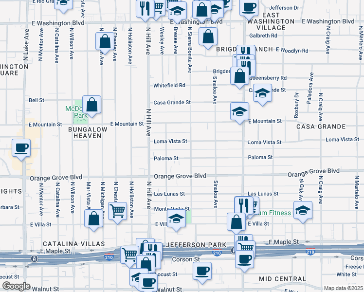 map of restaurants, bars, coffee shops, grocery stores, and more near 1523 Paloma Street in Pasadena