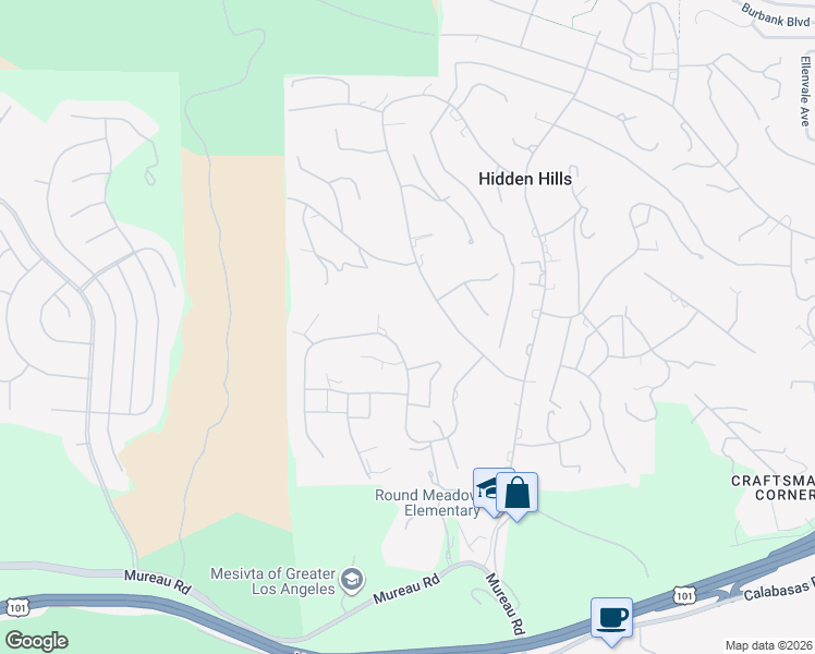 map of restaurants, bars, coffee shops, grocery stores, and more near 25091 Jim Bridger Road in Hidden Hills