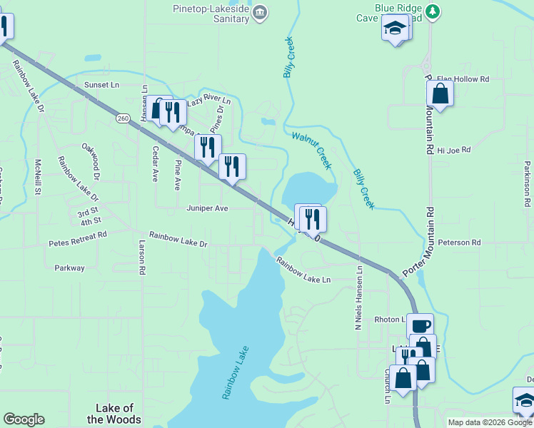 map of restaurants, bars, coffee shops, grocery stores, and more near 2520 Waters Edge Lane in Pinetop-Lakeside