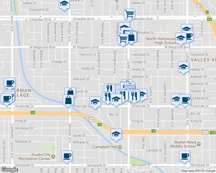 map of restaurants, bars, coffee shops, grocery stores, and more near 12222 Morrison Street in Los Angeles