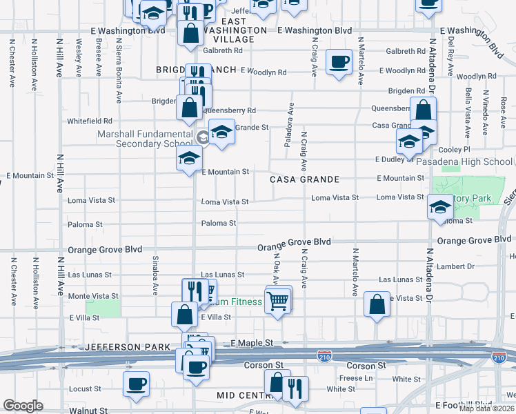 map of restaurants, bars, coffee shops, grocery stores, and more near 1992 Loma Vista Street in Pasadena