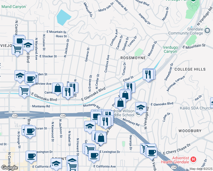 map of restaurants, bars, coffee shops, grocery stores, and more near 937 East Glenoaks Boulevard in Glendale