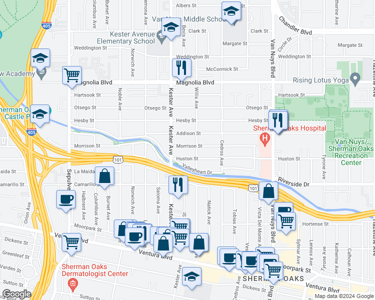 map of restaurants, bars, coffee shops, grocery stores, and more near 14833 Huston Street in Los Angeles
