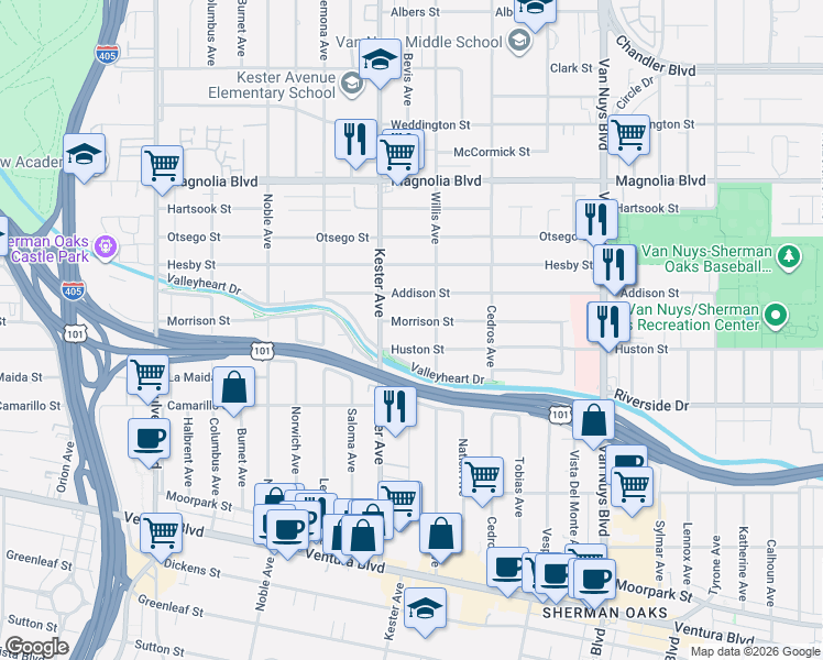 map of restaurants, bars, coffee shops, grocery stores, and more near 14828 Morrison Street in Los Angeles