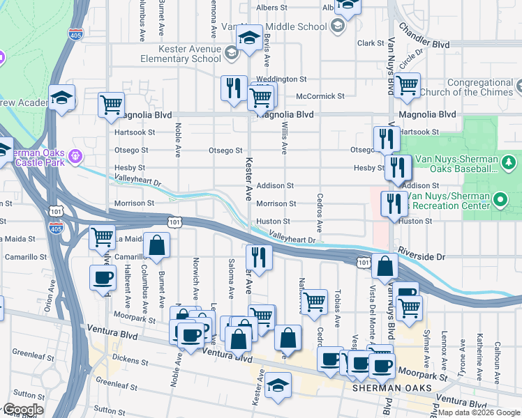 map of restaurants, bars, coffee shops, grocery stores, and more near 14842 Morrison Street in Los Angeles