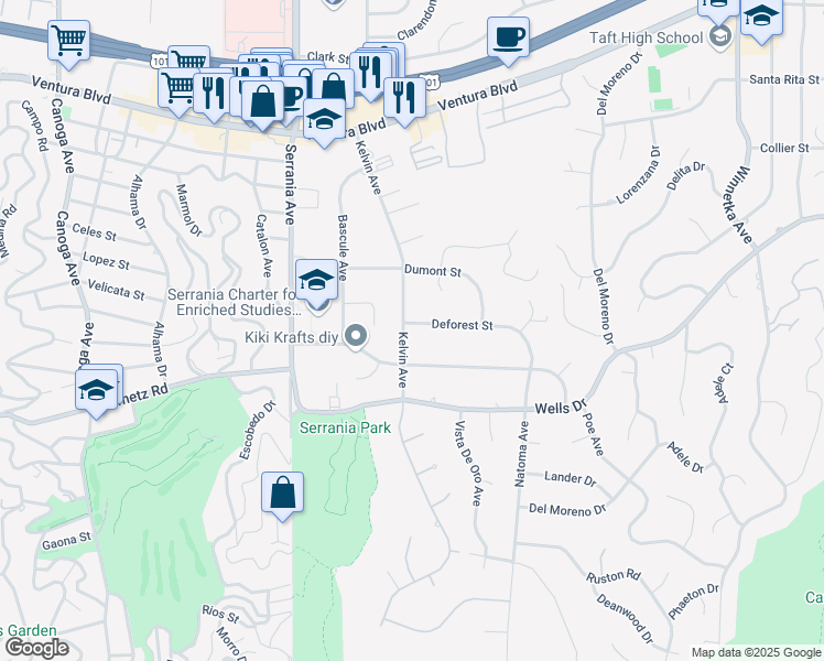 map of restaurants, bars, coffee shops, grocery stores, and more near 4938 Kelvin Avenue in Los Angeles