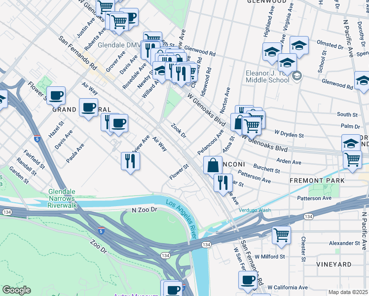map of restaurants, bars, coffee shops, grocery stores, and more near in Glendale