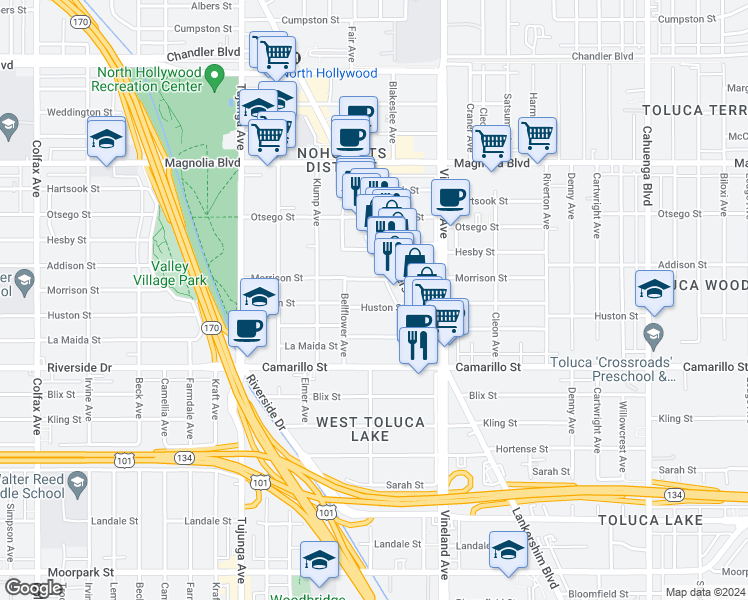 map of restaurants, bars, coffee shops, grocery stores, and more near 11170 Huston Street in Los Angeles
