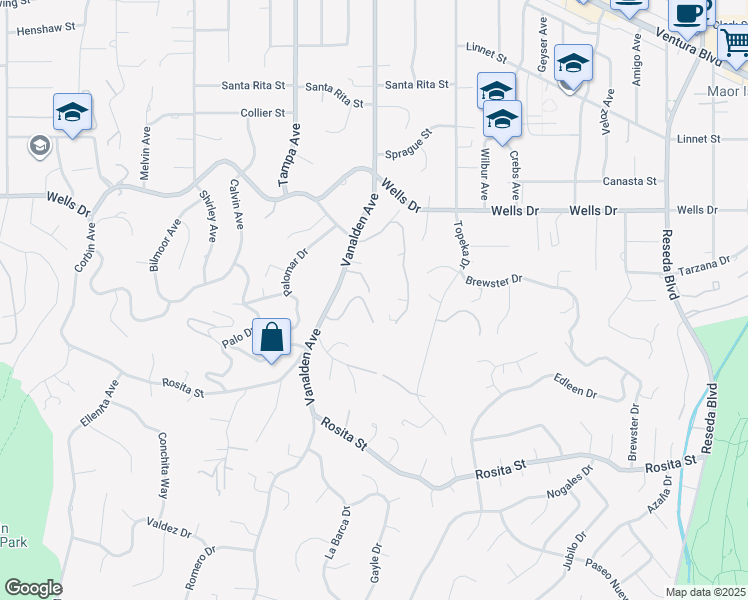 map of restaurants, bars, coffee shops, grocery stores, and more near 4950 Vanalden Avenue in Los Angeles