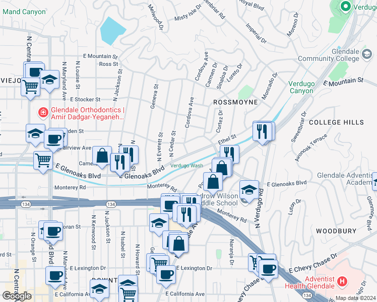 map of restaurants, bars, coffee shops, grocery stores, and more near 937 East Glenoaks Boulevard in Glendale
