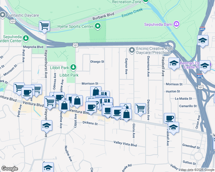 map of restaurants, bars, coffee shops, grocery stores, and more near 4950 Woodley Avenue in Los Angeles