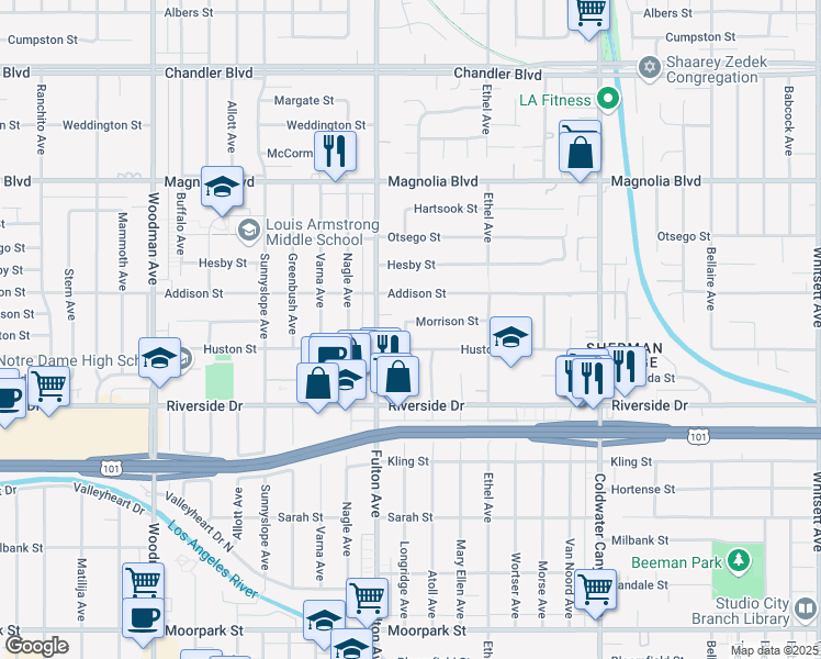 map of restaurants, bars, coffee shops, grocery stores, and more near 13226 Morrison Street in Los Angeles