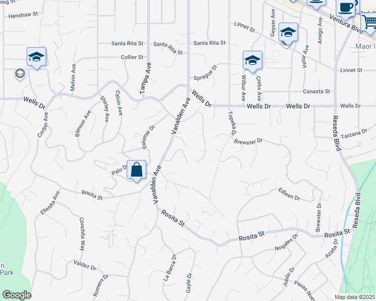 map of restaurants, bars, coffee shops, grocery stores, and more near 4950 Vanalden Avenue in Los Angeles
