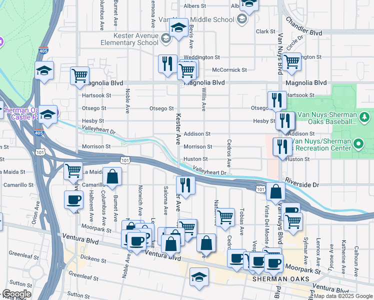 map of restaurants, bars, coffee shops, grocery stores, and more near 14833 Huston Street in Los Angeles