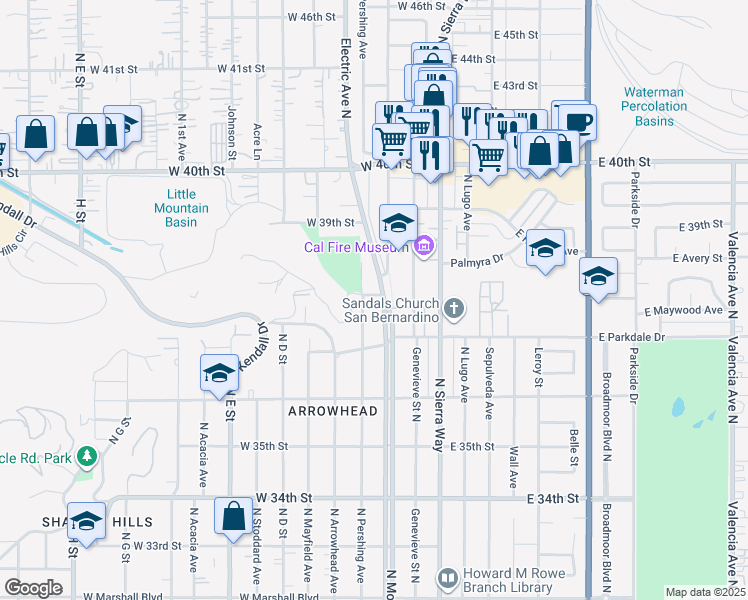 map of restaurants, bars, coffee shops, grocery stores, and more near 233 Edgerton Drive in San Bernardino