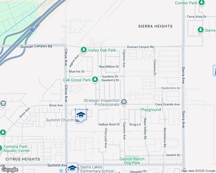 map of restaurants, bars, coffee shops, grocery stores, and more near 5176 Wintercress Avenue in Fontana